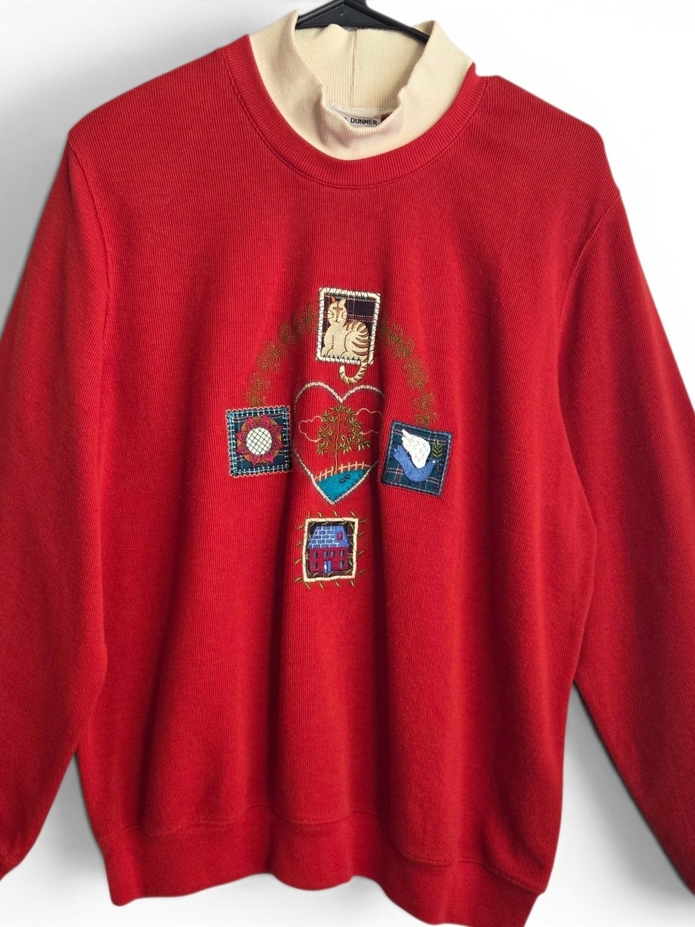 Alfred Dunner Red Crewneck Emboridered Cozy Cat Sweater with Cream Mock Neck